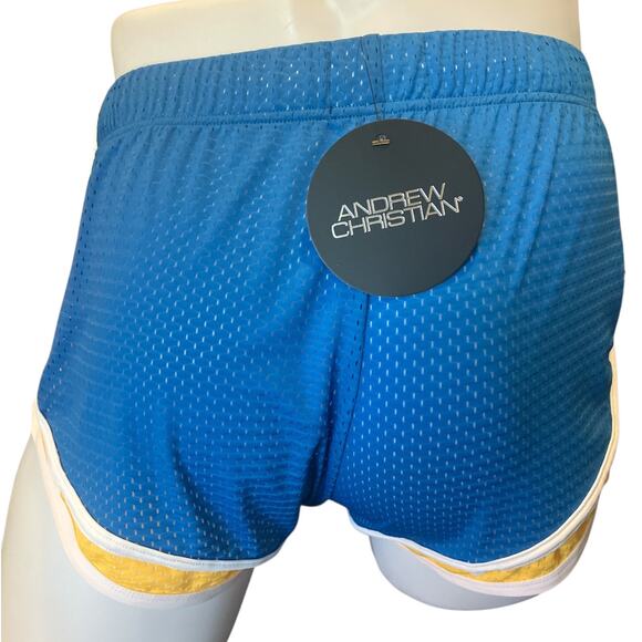 Andrew Christian Sports Mesh Jogger Shorts Electric Blue Yellow Medium - Picture 6 of 8